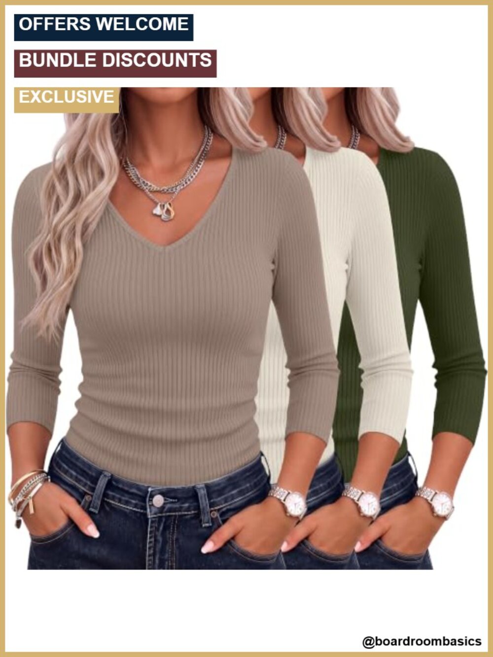 Ribbed V Neck 3/4 Sleeve Tops Cotton Spandex Slim Fit Women's Shirts